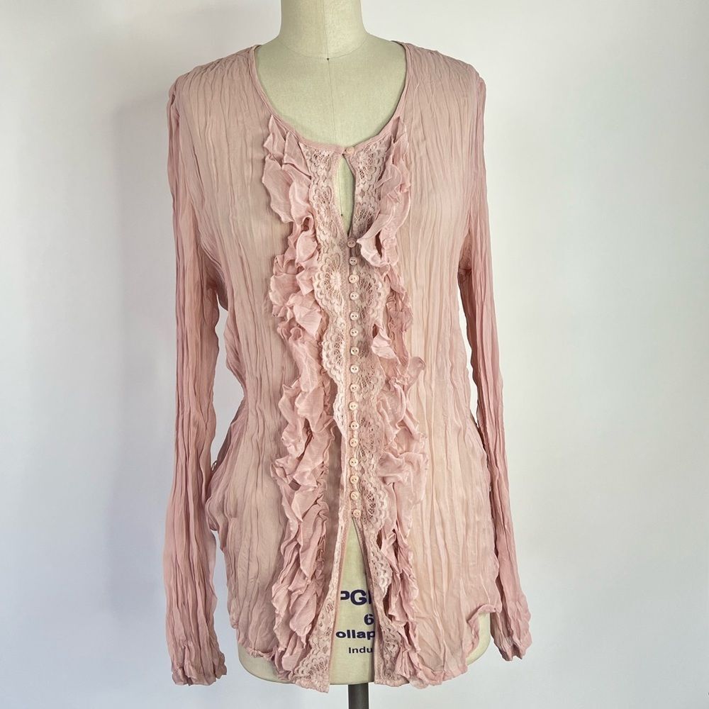 Vintage Stamp 10 Y2K 90s powder pink lace ruffle crinkled semi sheer romantic